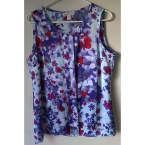 Coldwater Creek Floral Tank Top Pleated Front Round‎ Neck Size L 14 Red/Purple